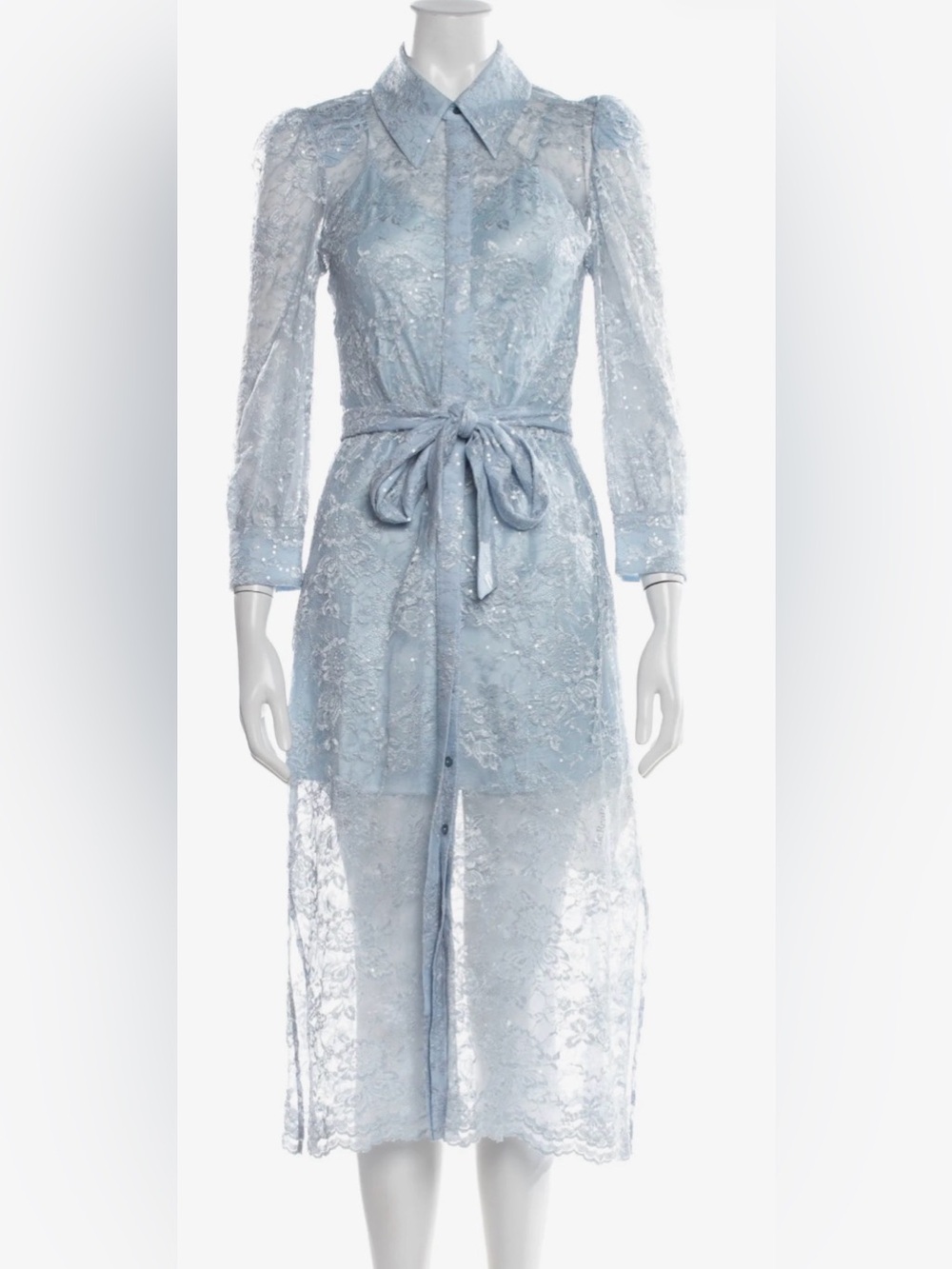 L'AGENCE Pale Blue Lace Midi Dress with Tie Waist